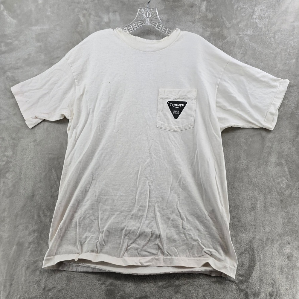 Triumph T-Shirt Mens XL White Big D Cycle Dallas TX Vintage Tee Made in USA
